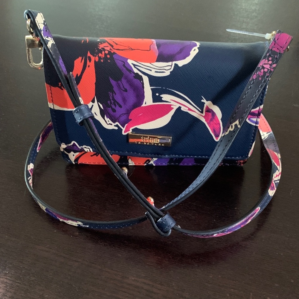 NWOT Trina Turk Navy and Purple Floral Crossbody Bag